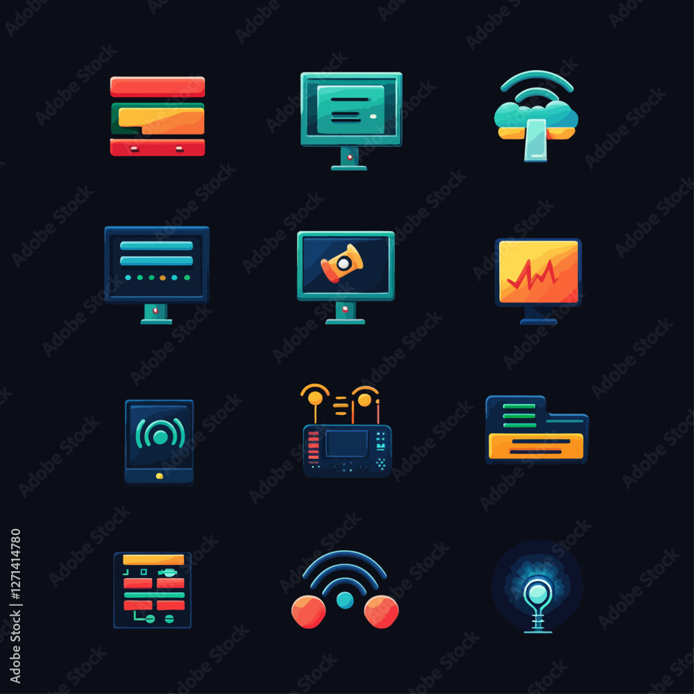 Tech icon set featuring computers, data, networking, and communication Tech icon set featuring computers, data, networking, and communication