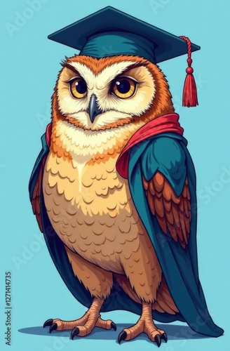 Animal in a graduate costume. Owl in a black graduation hat and mortar board on a blue background. College or university graduation concept. Funny pet.