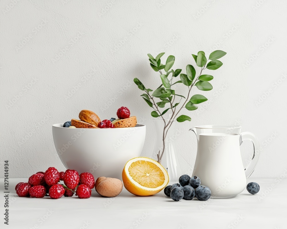 A vibrant arrangement of fresh fruits and a vase with greenery on a minimalist backdrop, perfect for healthy lifestyle themes. A vibrant arrangement of fresh fruits and a vase with greenery on a minimalist backdrop, perfect for healthy lifestyle themes.