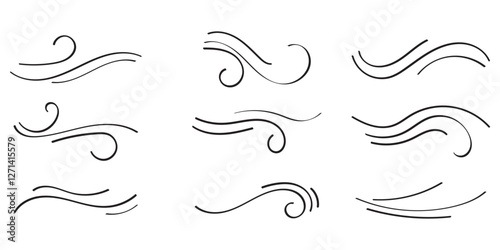 Doodle wind line sketch set. Hand drawn doodle wind air blow, swirl elements.
