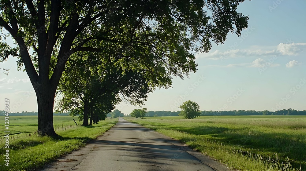 Country Road Winding Through Green Field Under Summer Sunlight Country Road Winding Through Green Field Under Summer Sunlight