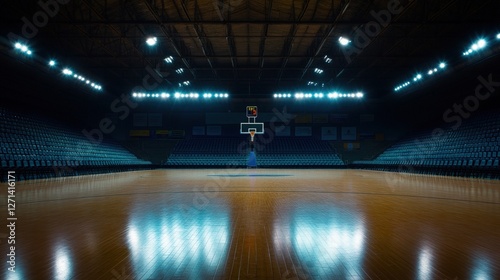 Empty basketball court, arena, spotlights, night game photo