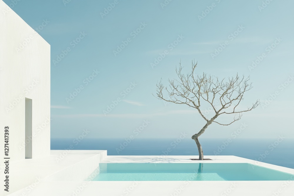 Fototapeta premium Minimalist coastal architecture scene with pool tree