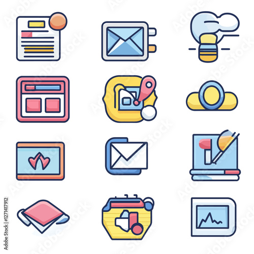 Collection of Web Icons Representing Digital Communication and Technology