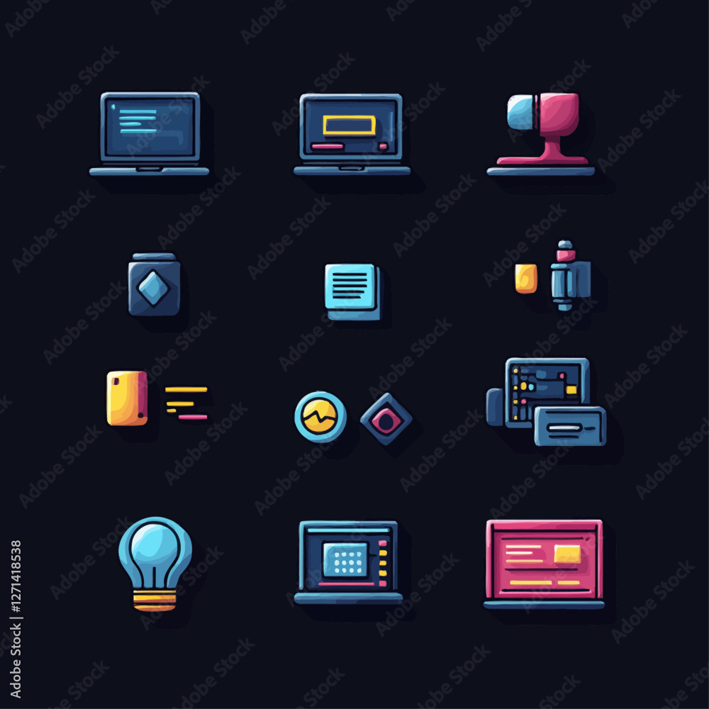 Collection of Technology Icons on Dark Background in Vector Style Collection of Technology Icons on Dark Background in Vector Style