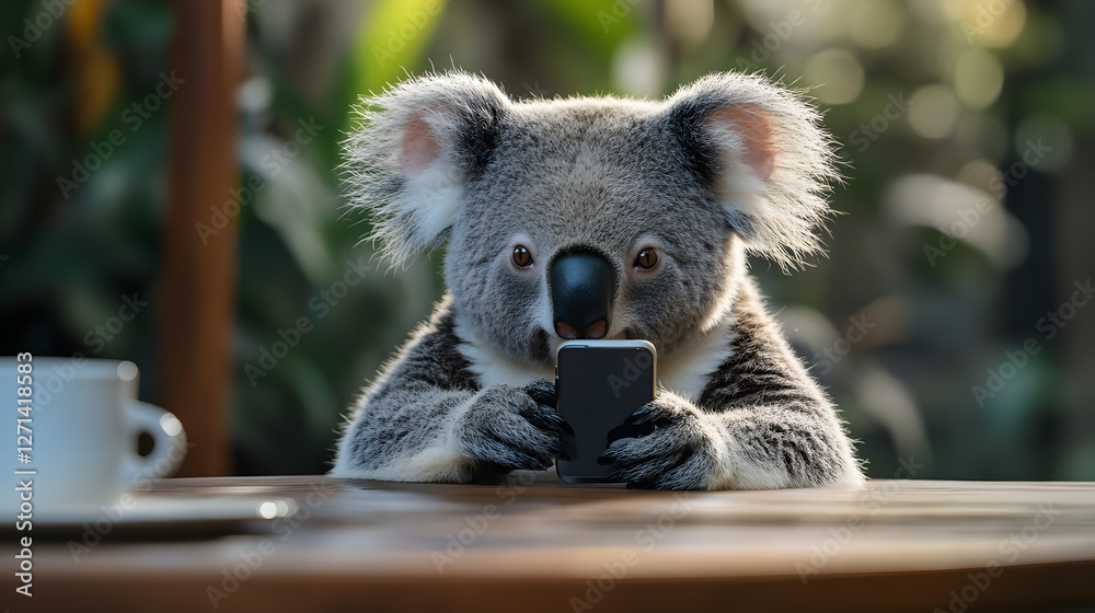 Obraz premium A koala is sitting at a table with a cell phone in its paw