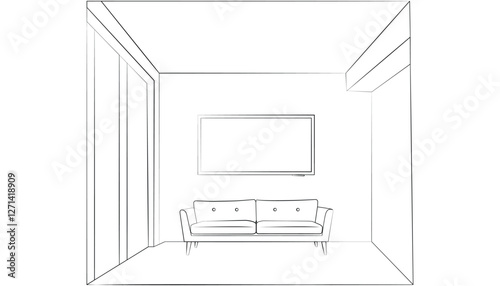 Living room with Sofa and TV graphic black white home interior sketch illustration vector