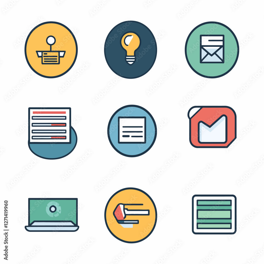 Business Elements: Colorful Icon Set of Office, Light Bulb, and Laptop Business Elements: Colorful Icon Set of Office, Light Bulb, and Laptop