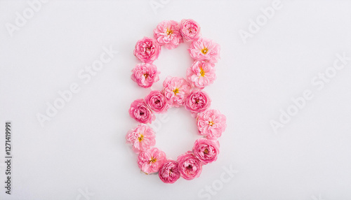 Number 8, eight made of blooming pink flowers on white backdrop. Floral composition. Flat lay.