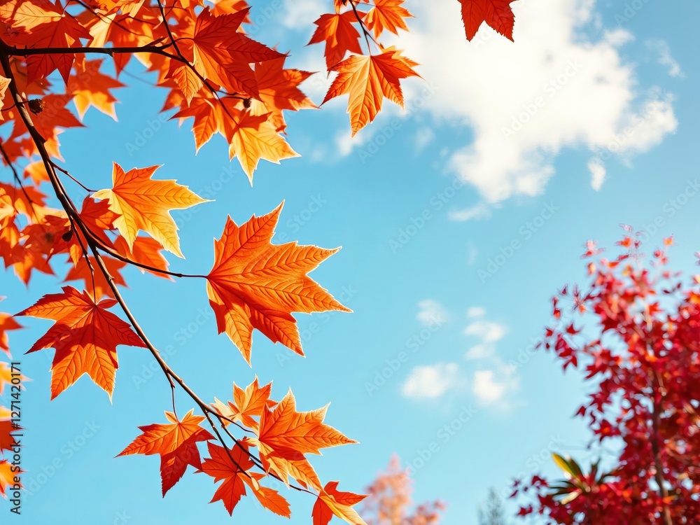 Vibrant orange and red autumn leaves contrast against a clear blue sky, fall, outdoors, beauty