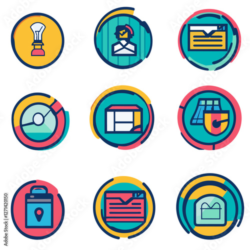 Set of modern business icons featuring analytics, security, and location.