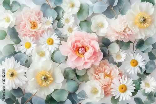 Wallpaper Mural A watercolor floral arrangement featuring pastel-colored peonies, daisies, and eucalyptus leaves. Torontodigital.ca