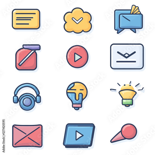 Vector icons of email, lightbulb, headphones, and video playback tools