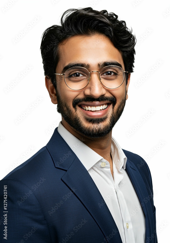Confident young man in suit and glasses.