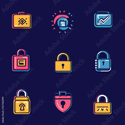 Security concept with stylized icons of locks, bags, and charts