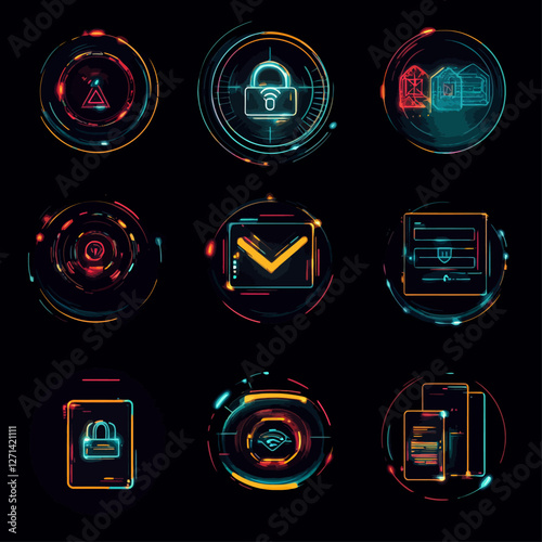 Glowing Cyber Security and Network Icon Set with Digital Connection Theme
