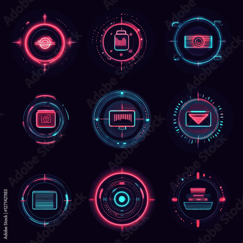Neon Tech Icon Set: Cyberpunk HUD Elements for Modern UI Designs