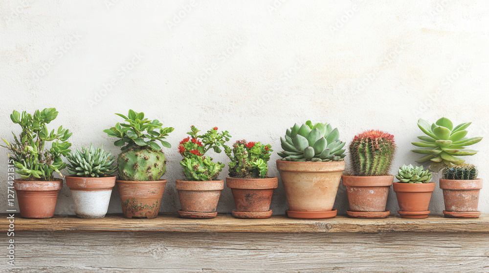 Naklejka premium Succulent plants grown in pots on wooden boards