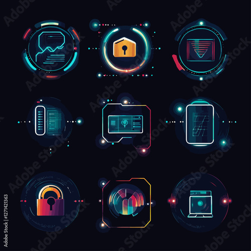 Futuristic Digital Interface Displaying Data Security and Analysis Icons
