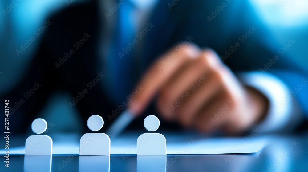 An abstract representation of business decision-making, featuring miniature human figures and a professional hand poised to make a critical choice, symbolizing strategy and plannin An abstract representation of business decision-making, featuring miniature human figures and a professional hand poised to make a critical choice, symbolizing strategy and plannin