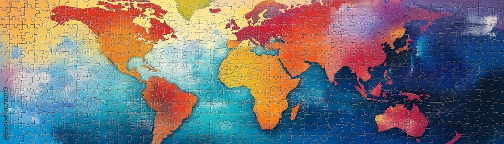 Obraz premium Bright and colorful puzzle pieces creating a world map, showcasing diversity and unity, highquality vibrant design, artistic representation