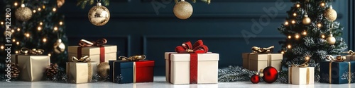 Christmas presents with ribbons and baubles under festive tree