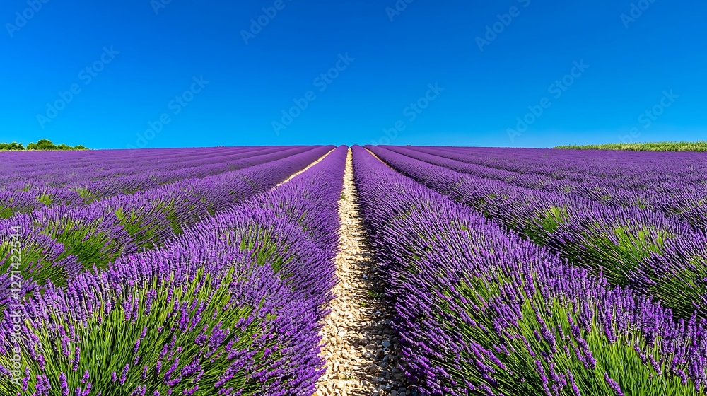 Fototapeta premium Lavender field rows under a clear blue sky