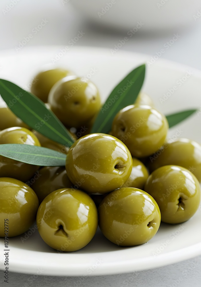 Close up of a delicious pile of green olives on a plate. Close up of a delicious pile of green olives on a plate.