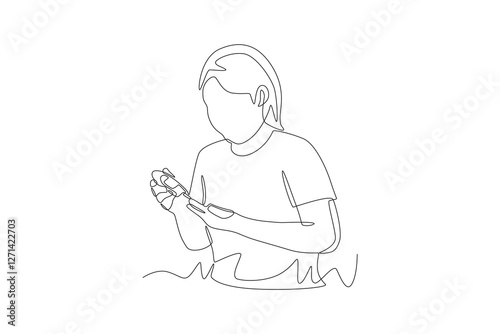 Woman checking blood test measuring cholesterol and blood sugar. Blood test concept one-line drawing