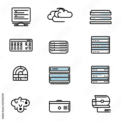 Data Centers and Cloud Computing Infrastructure Line Icon Set Design