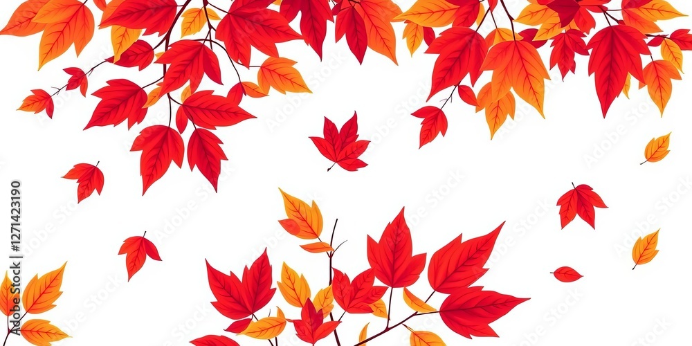 Fototapeta premium Yellow and red autumn leaves scattered across a white background, capturing the beauty of nature in a vector flat illustration, leaves, nature, beauty