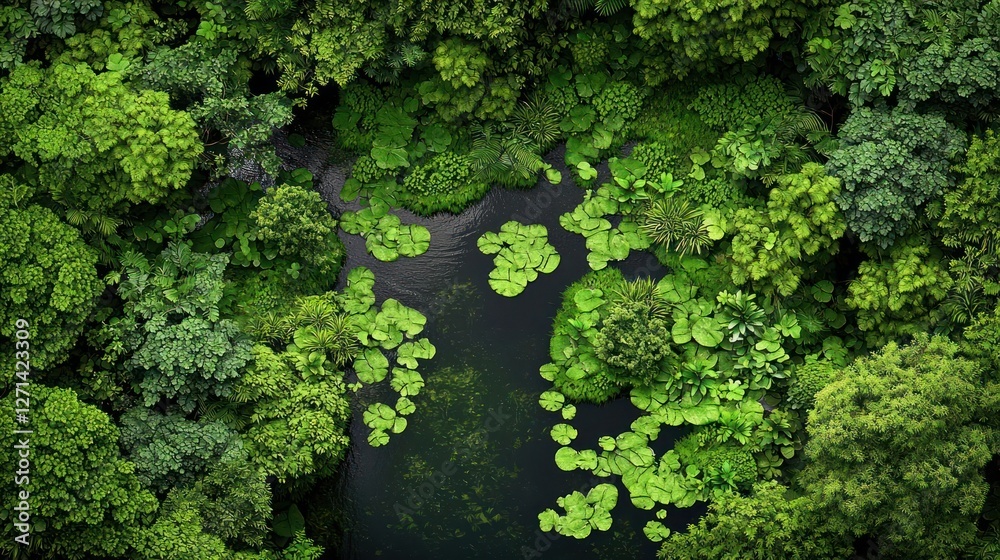Naklejka premium Aerial View of Lush Green Forest with Pond
