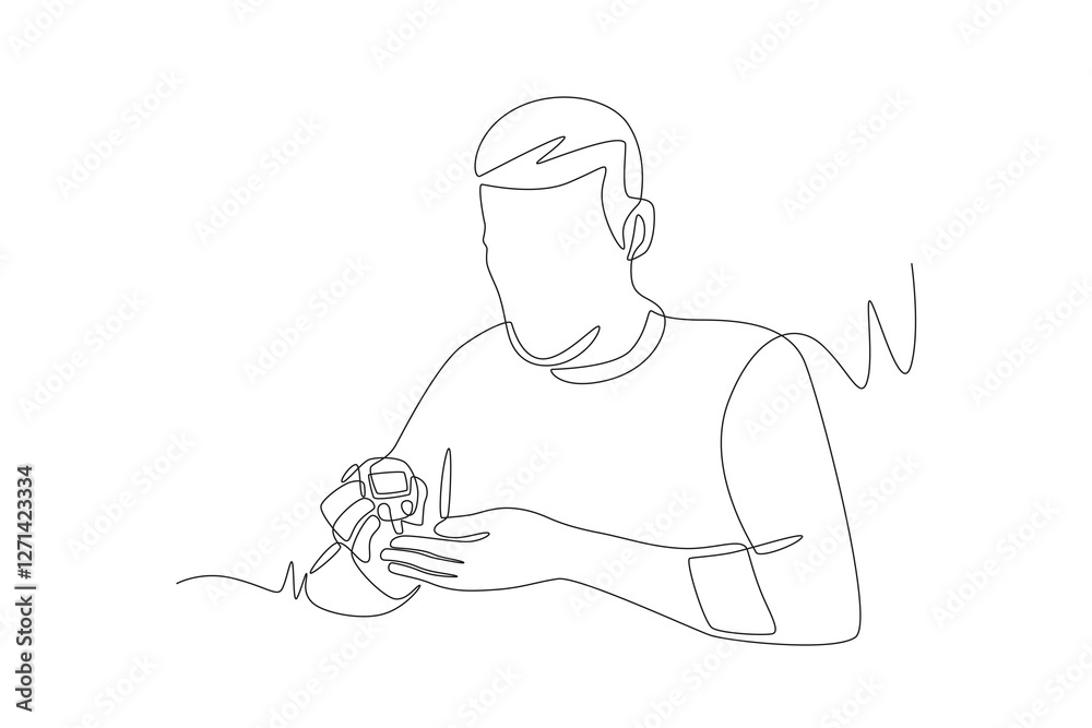 Man checking blood test measuring cholesterol and blood sugar. Blood test concept one-line drawing Man checking blood test measuring cholesterol and blood sugar. Blood test concept one-line drawing
