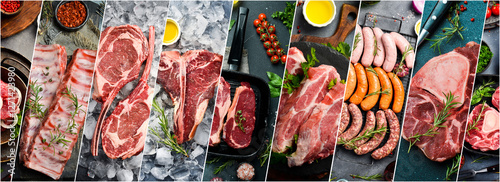 Photo collage. A set of photos depicting fresh meat and steaks.