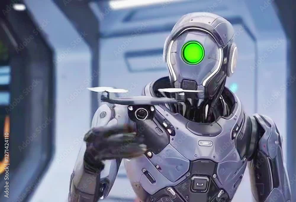 Futuristic Robot Operating a Drone in a Modern Facility Futuristic Robot Operating a Drone in a Modern Facility