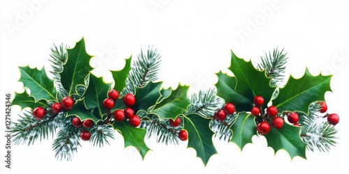 Christmas holly and pine branch decoration border with red berries