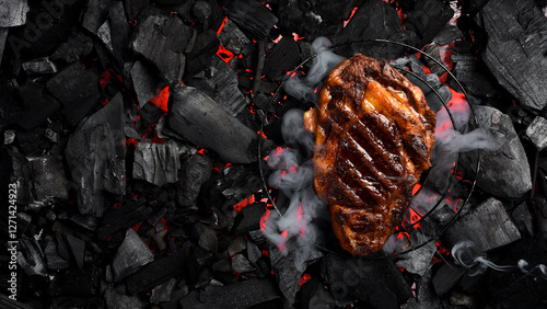 Juicy prime ribeye steak on the grill, close-up. Black Angus steak. On charcoal. Top view.