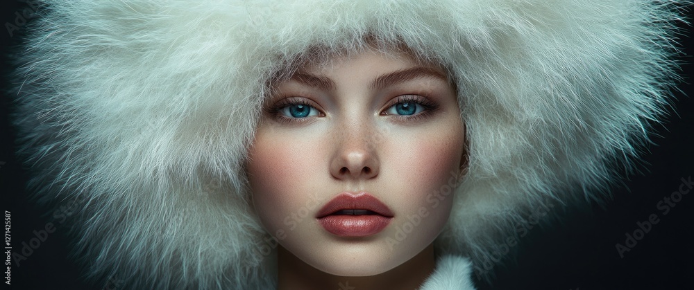 A fashion portrait of an elegant woman wearing stylish winter attire against a black background. A fashion portrait of an elegant woman wearing stylish winter attire against a black background.