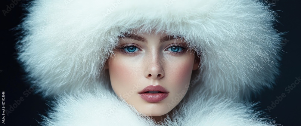 A fashion portrait of an elegant woman wearing stylish winter attire against a black background. A fashion portrait of an elegant woman wearing stylish winter attire against a black background.