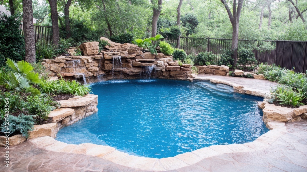 Naklejka premium Serene backyard oasis with natural stone waterfall and lush greenery
