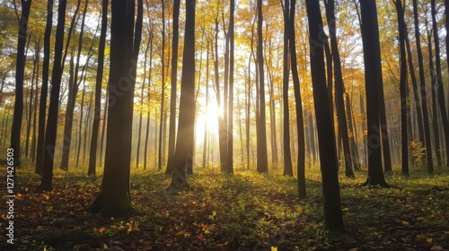 Autumn forest sunrise, sunbeams through trees, tranquil woodland scene, perfect for nature wallpaper photo