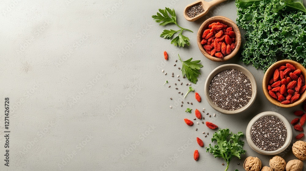 Artistic arrangement of superfoods healthy food display kitchen photography natural light chia seeds and greens Artistic arrangement of superfoods healthy food display kitchen photography natural light chia seeds and greens