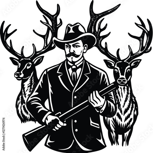 A vintage-style illustration of a man, likely a hunter, holding a rifle and positioned amidst two deer with large antlers.