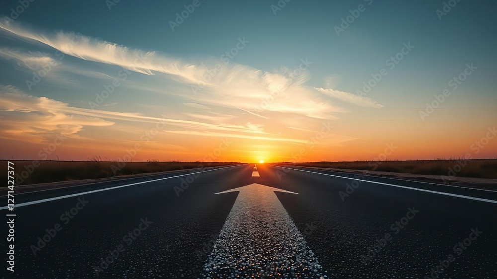Fototapeta premium White arrow on asphalt road during sunset, symbolizing path to success, direction, business, career, future, guidance, journey, destination, asphalt road, arrow, direction