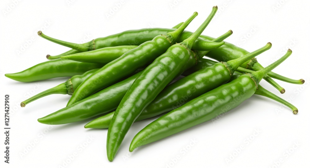 A fresh bunch of vibrant green chili peppers with a smooth, glossy texture, laid out on a white background. A fresh bunch of vibrant green chili peppers with a smooth, glossy texture, laid out on a white background.