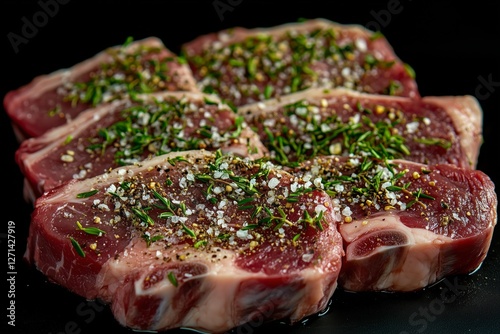 Freshly prepared beef steaks seasoned with herbs ready for grilling at a kitc...
