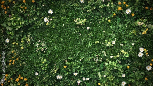 Top view of a lush green grass field with vibrant wildflowers scattered across, perfect for spring and summer designs.