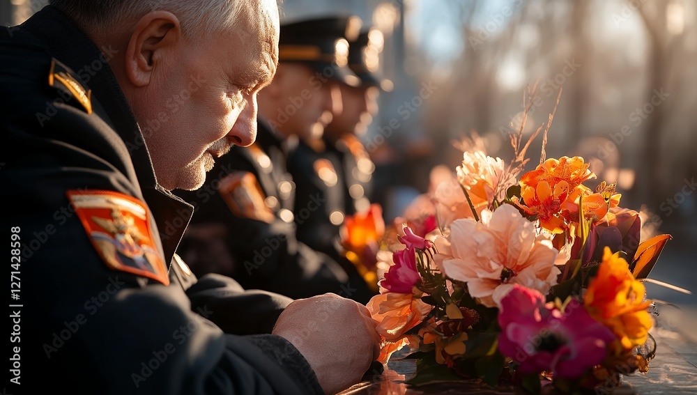 A somber uniformed man pays respects at a memorial, gently touching a vibrant bouquet of flowers A somber uniformed man pays respects at a memorial, gently touching a vibrant bouquet of flowers