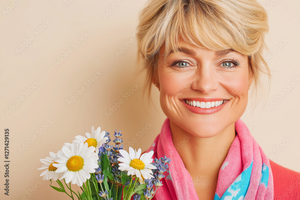 Smiling woman with flowers in bright scarf against neutral background Smiling woman with flowers in bright scarf against neutral background