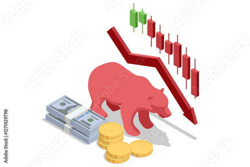 Isometric illustration showing a red bear with a declining stock market graph, stacks of cash, and gold coins, symbolizing a bearish trend. Bear market, stock decline, recession, financial crisis